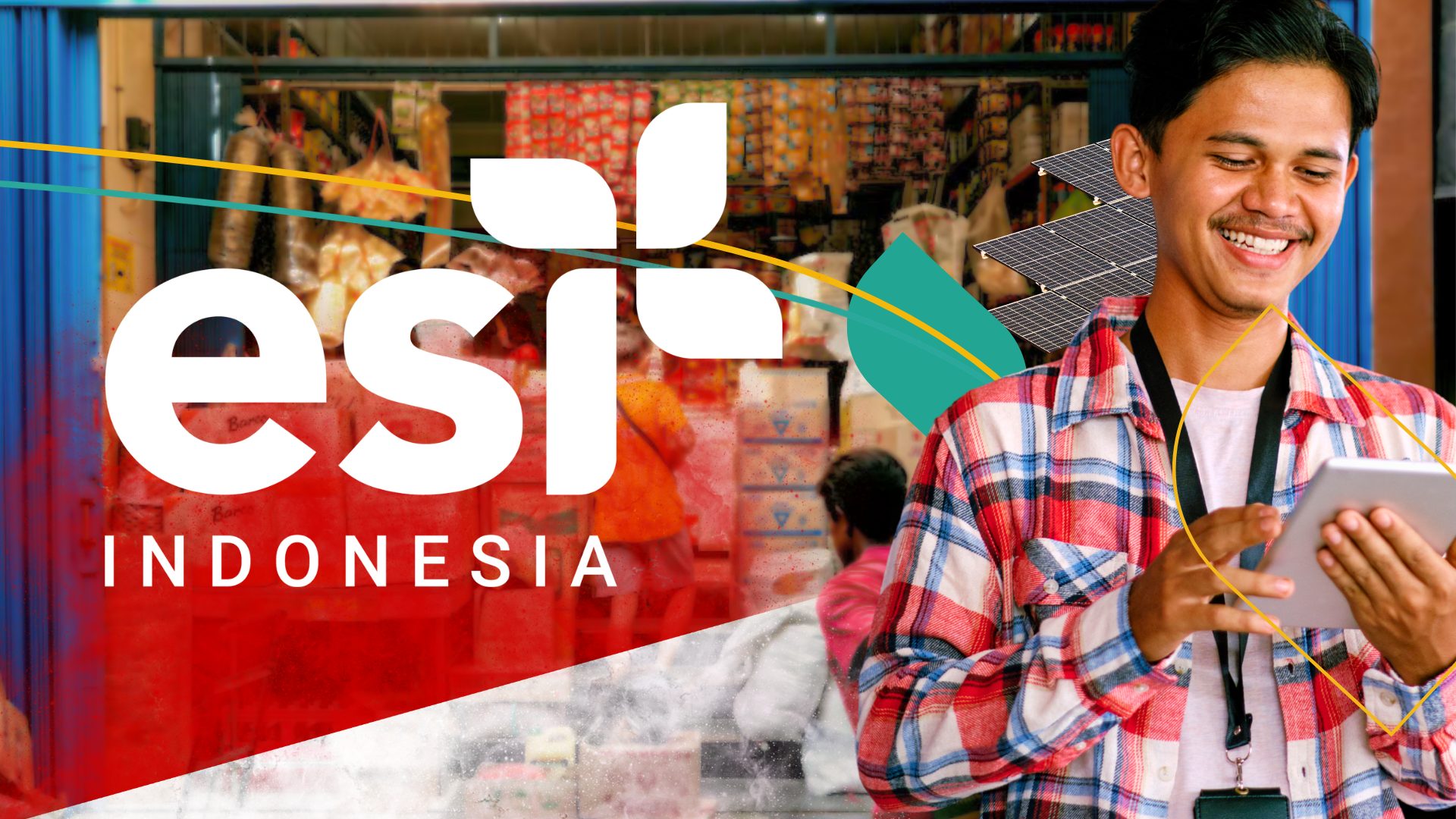 Energy technician installing solar panels on a small business rooftop in Indonesia